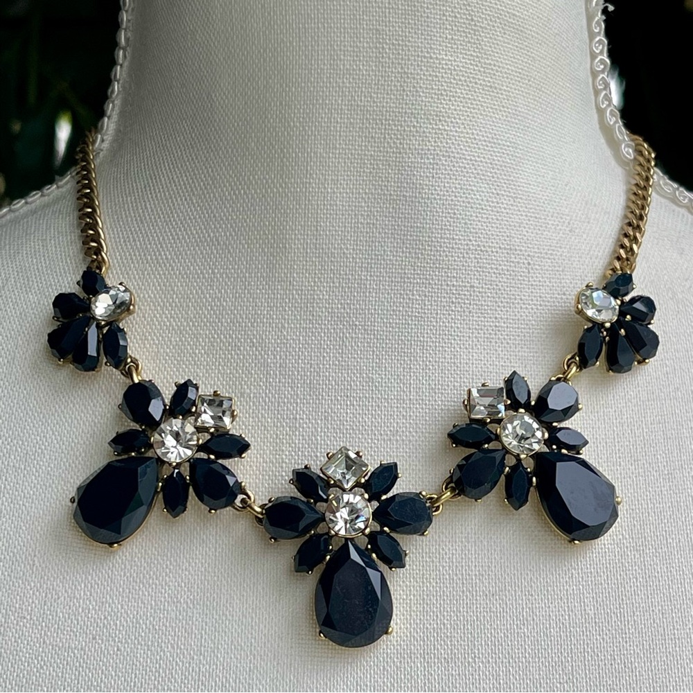 J. Crew Black and Gold Crystal Statement Necklace with Floral Design 16" + 3"